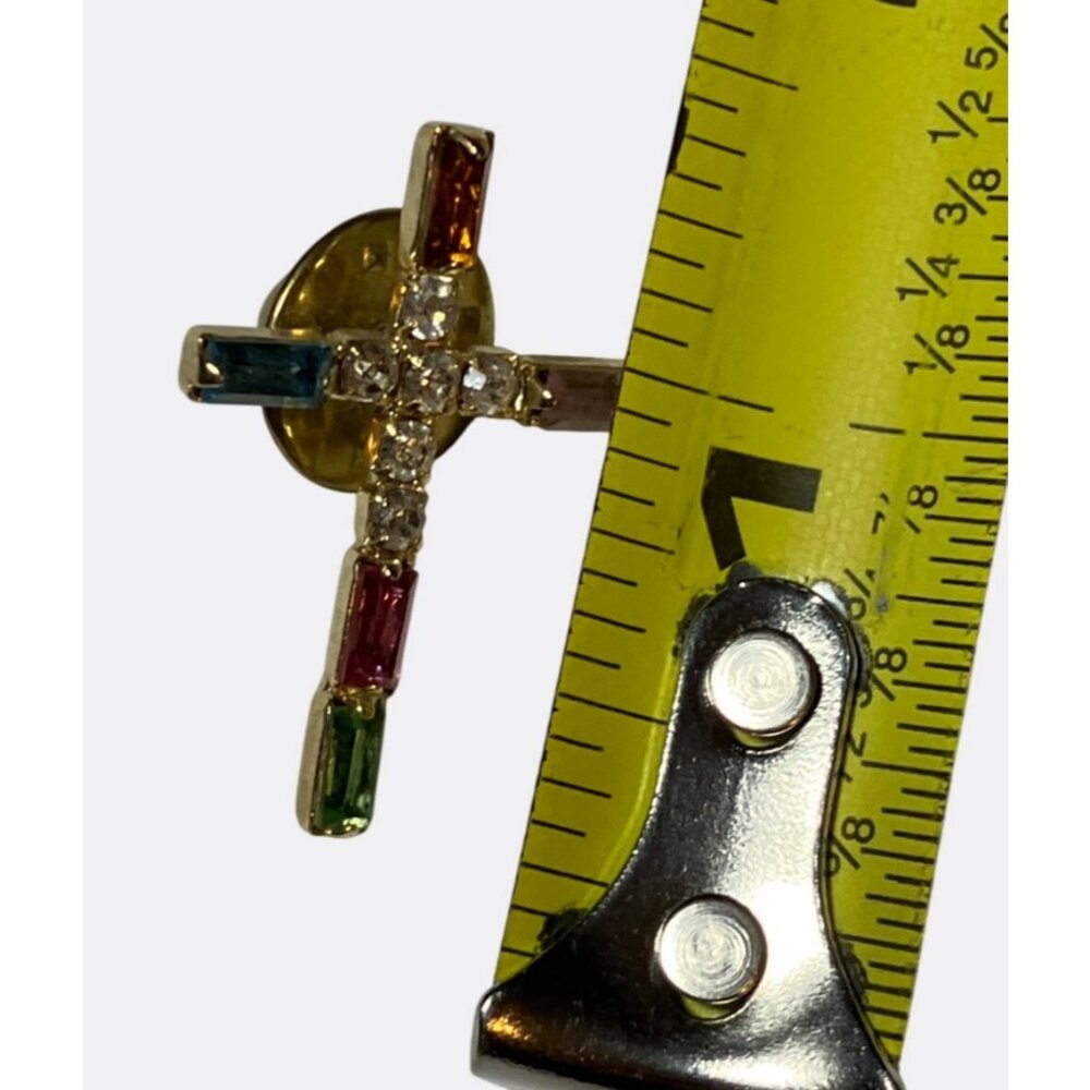 Multicolor Rhinestone Cross Lapel Pin With Gold-Tone Backing - Picture 4 of 7